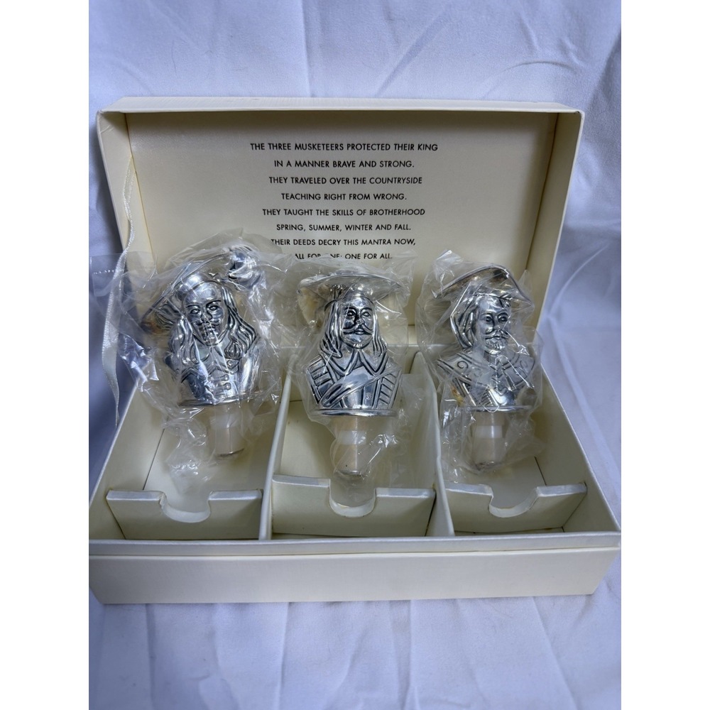VTG Neiman Marcus Silver Plated 3 Musketeers Bottle Stopper set NIB